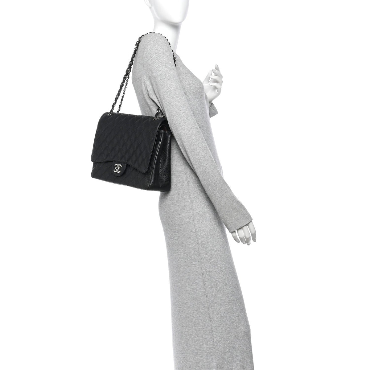 Maxi Quilted Caviar Flap Shoulder Bag - Black