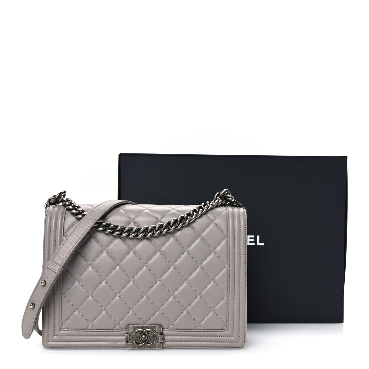 Large Quilted Lambskin Flap Shoulder Bag - Grey