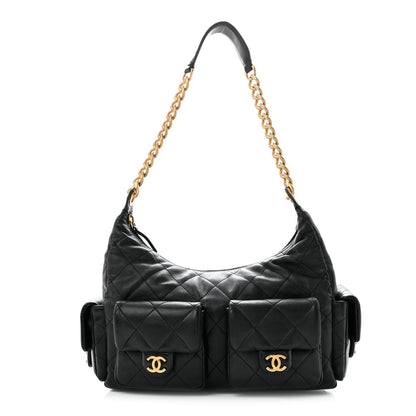Large Quilted Lambskin Hobo Bag - Black