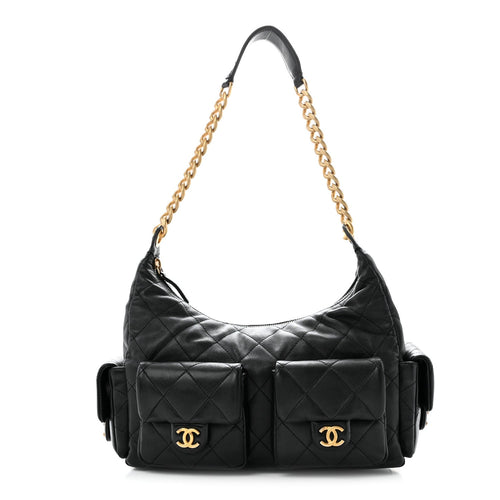 Large Quilted Lambskin Hobo Bag - Black