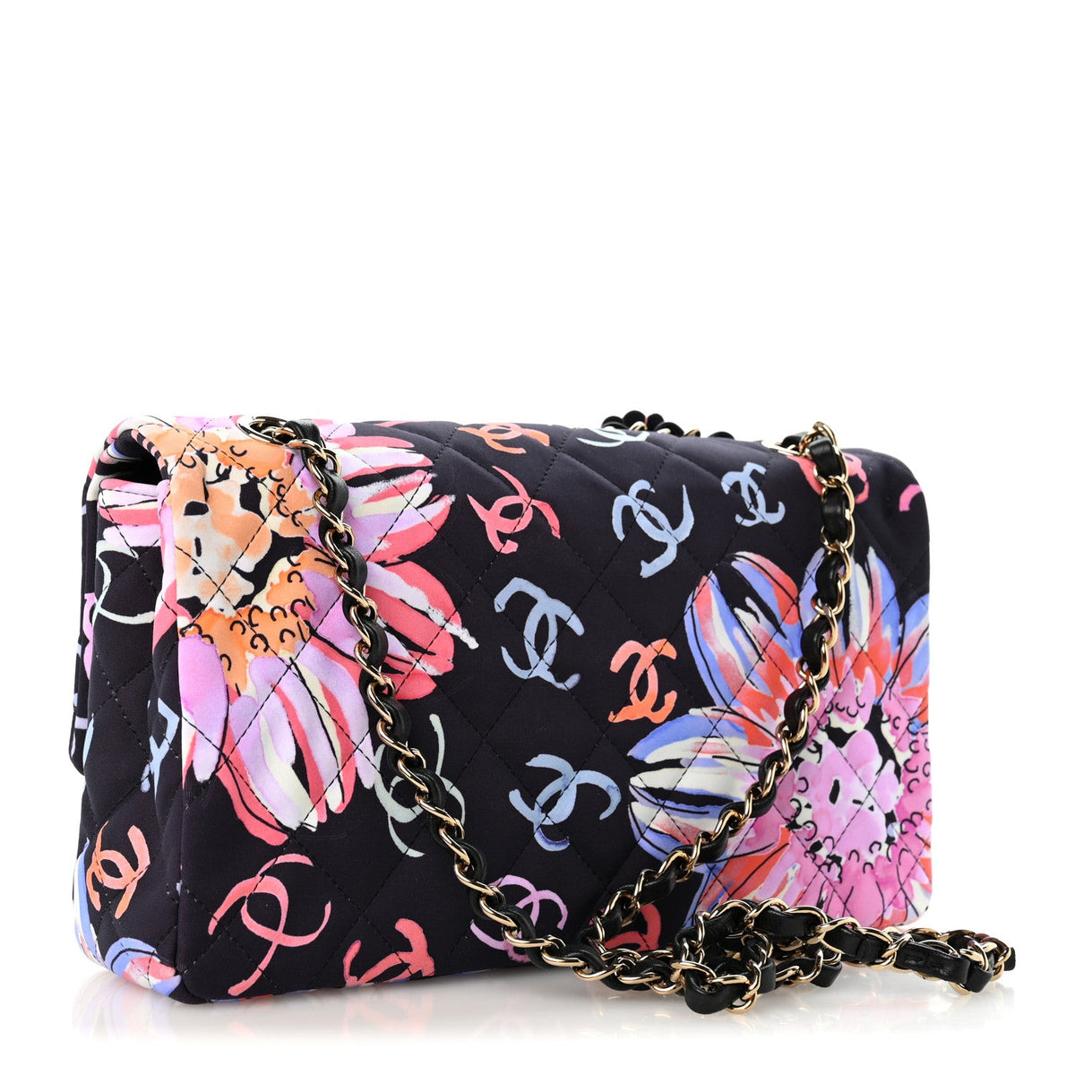 Quilted Fabric Flap Shoulder Bag - Black
