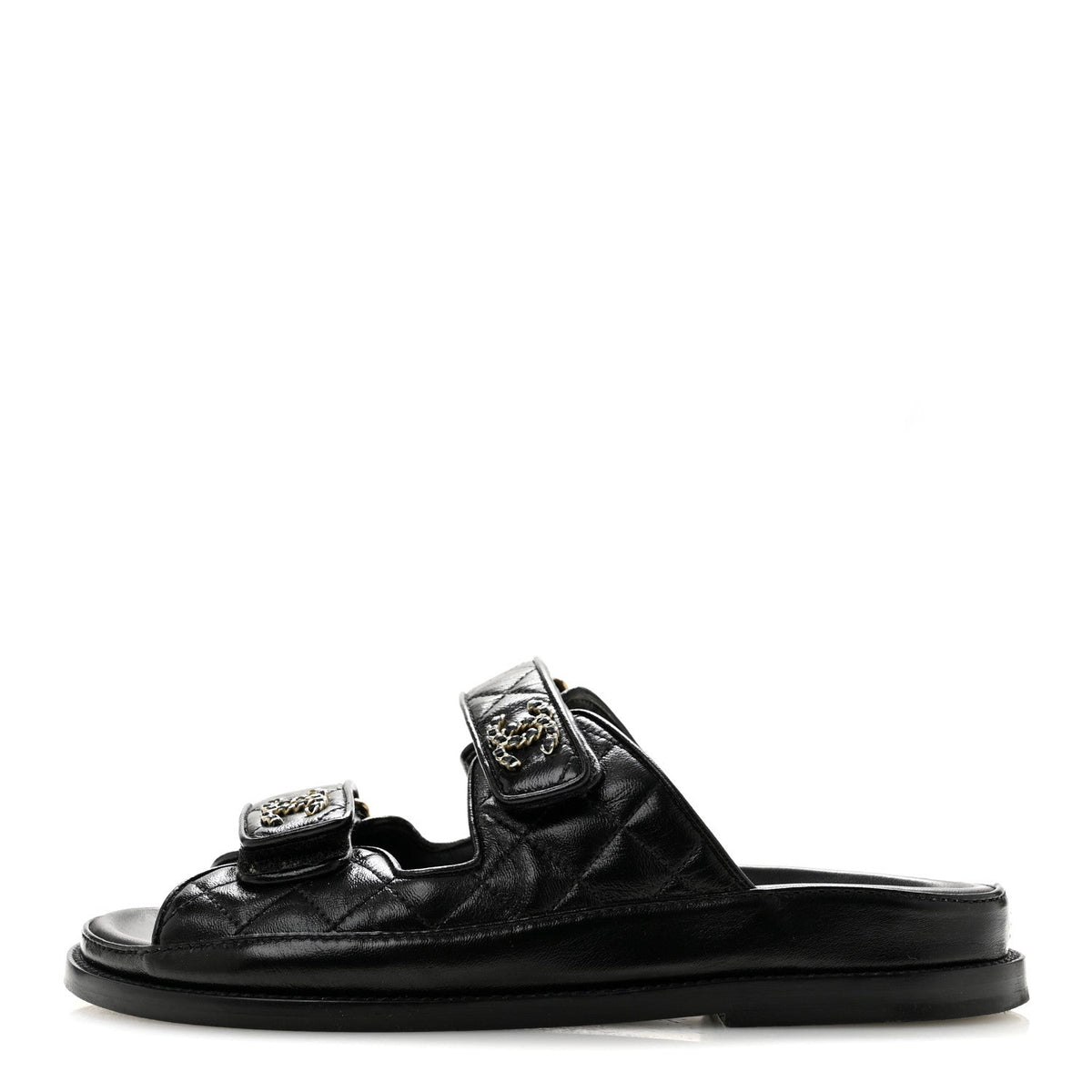 Lambskin Quilted Velcro Dad Chain CC Slide Sandals Black