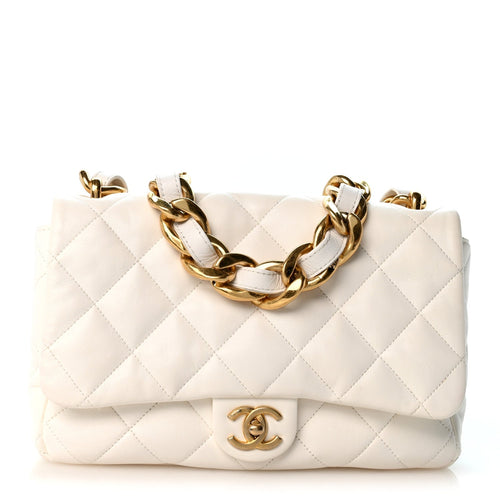 Large Quilted Lambskin Flap Shoulder Bag - White