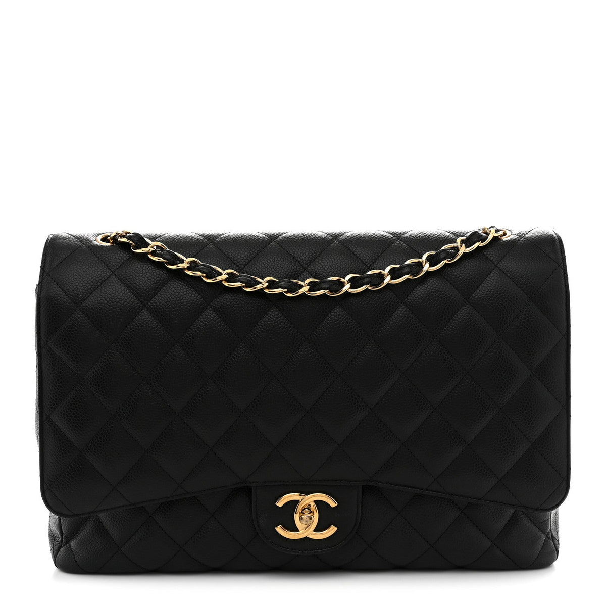 Maxi Quilted Caviar Flap Shoulder Bag - Black