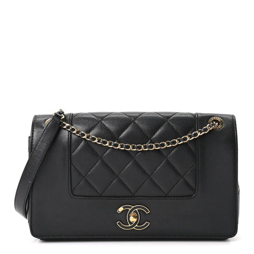 Small Quilted Sheepskin Flap Shoulder Bag - Black