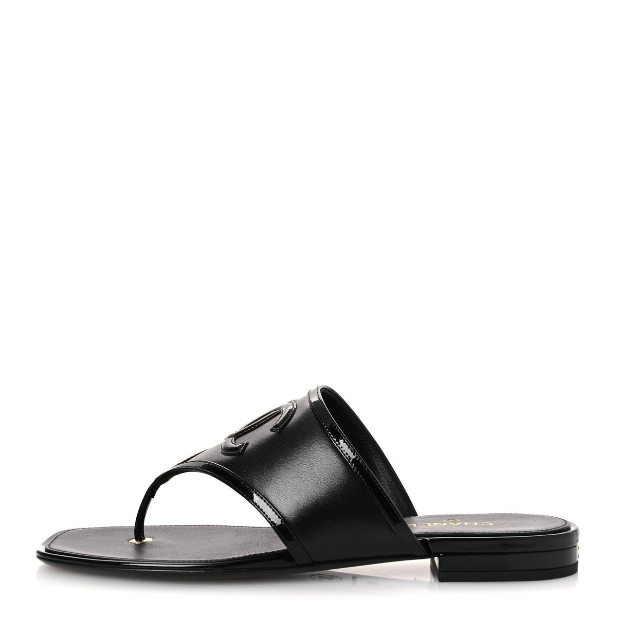 Lambskin Patent Calfskin CC Thong Sandals Black