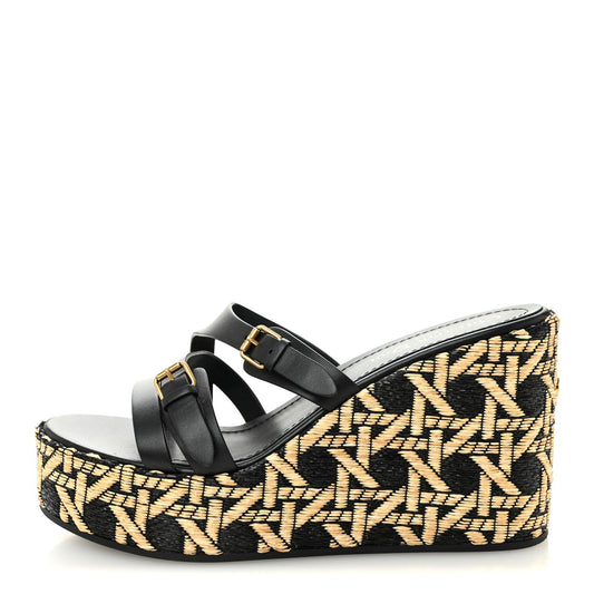 Raffia Calfskin L'Amazone Wedge Sandals Black Natural