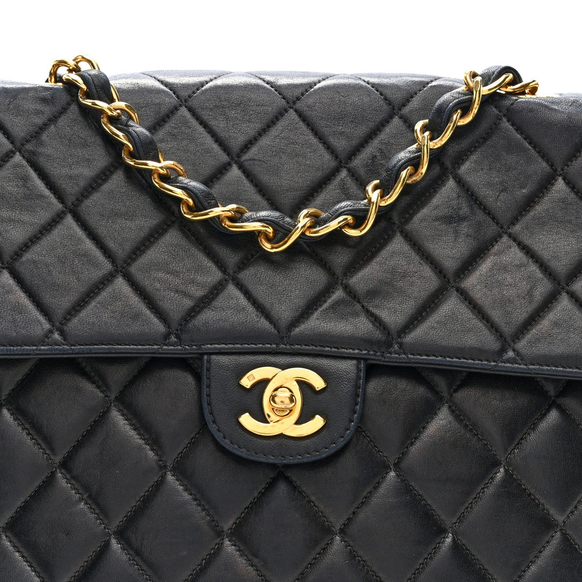 Quilted Lambskin Flap Shoulder Bag - Black