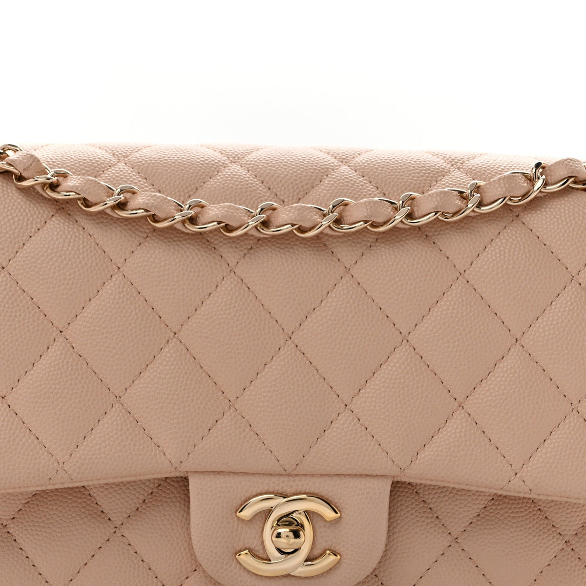 Medium Quilted Caviar Flap Shoulder Bag - Beige