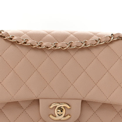 Medium Quilted Caviar Flap Shoulder Bag - Beige