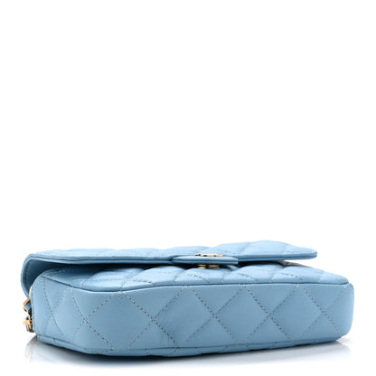 Quilted Caviar Flap Shoulder Bag - Light Blue
