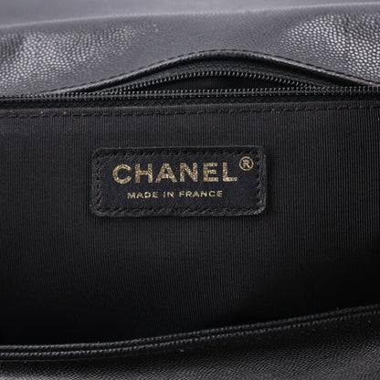 Large Quilted Caviar Flap Shoulder Bag - Black