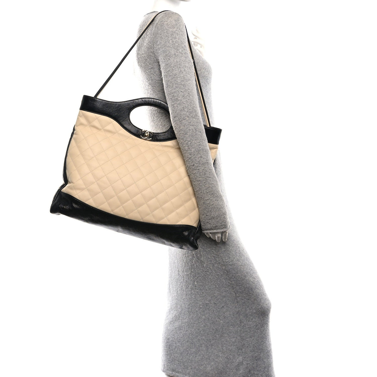 Large Quilted Calfskin Handbag - Beige