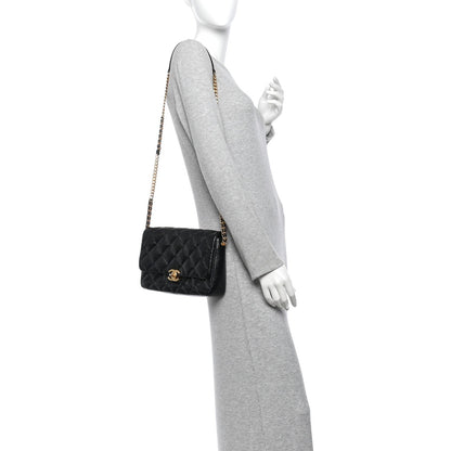 Large Quilted Caviar Flap Shoulder Bag - Black