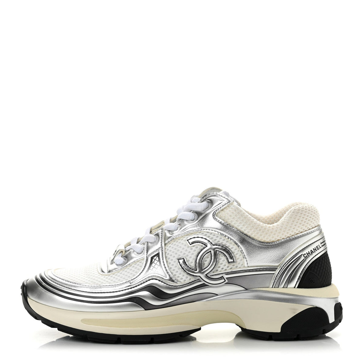 Fabric Laminated Calfskin Stretch CC Sneakers White Silver
