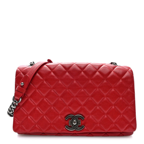 Large Quilted Goatskin Flap Shoulder Bag - Red