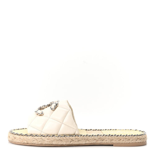 Lambskin Quilted CC Chain Espadrille Mules Ivory