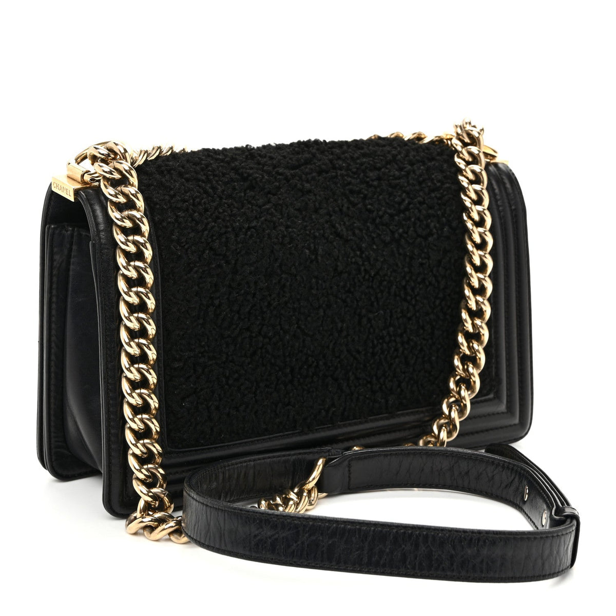 Medium Shearling Sheepskin Flap Shoulder Bag - Black