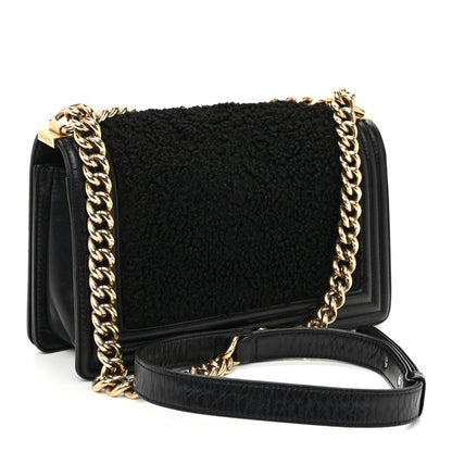 Medium Shearling Sheepskin Flap Shoulder Bag - Black