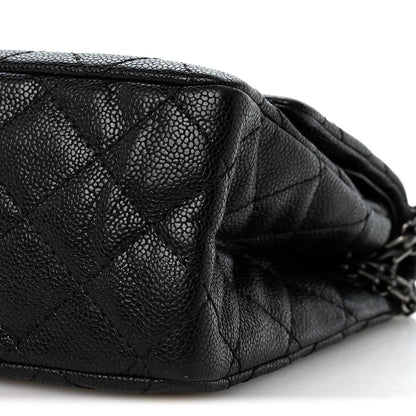 Quilted Caviar Flap Shoulder Bag - Black