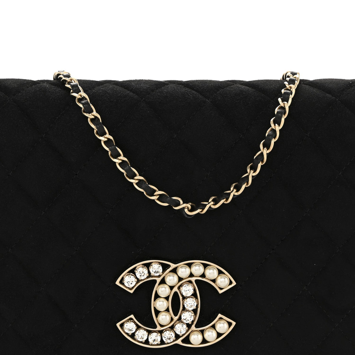 Quilted Suede Flap Shoulder Bag - Black