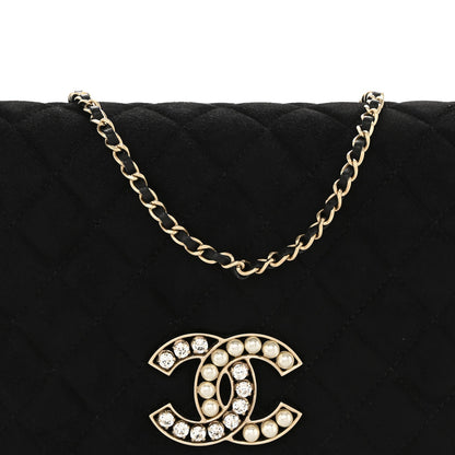 Quilted Suede Flap Shoulder Bag - Black