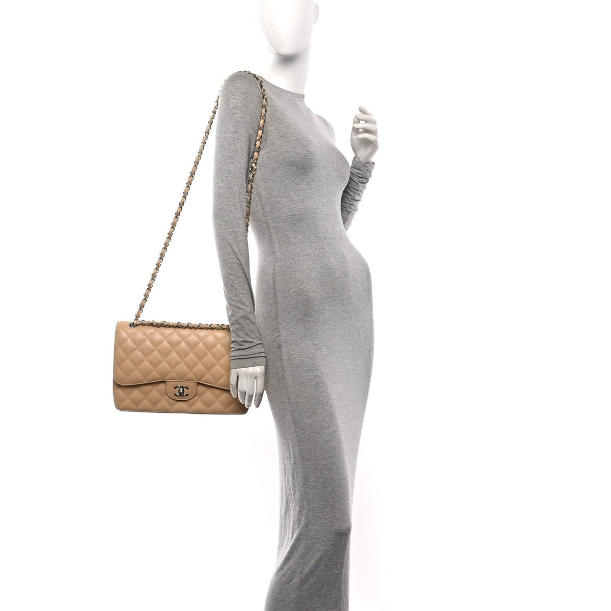 Quilted Caviar Flap Shoulder Bag - Beige