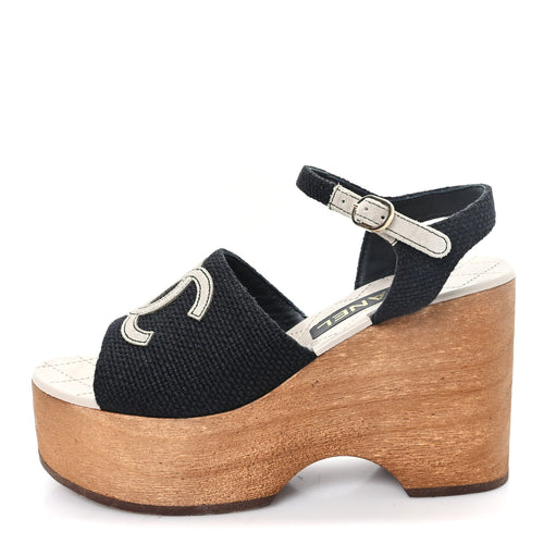 Fabric Calfskin Platform Wedge Sandals Black