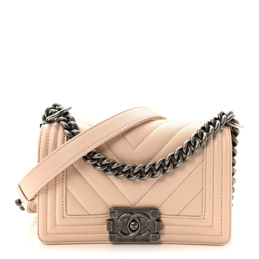 Small Quilted Caviar Flap Shoulder Bag - Beige