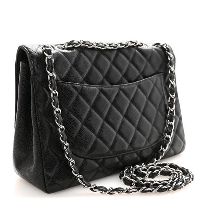 Quilted Caviar Flap Shoulder Bag - Black