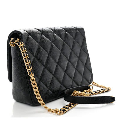 Large Quilted Caviar Flap Shoulder Bag - Black
