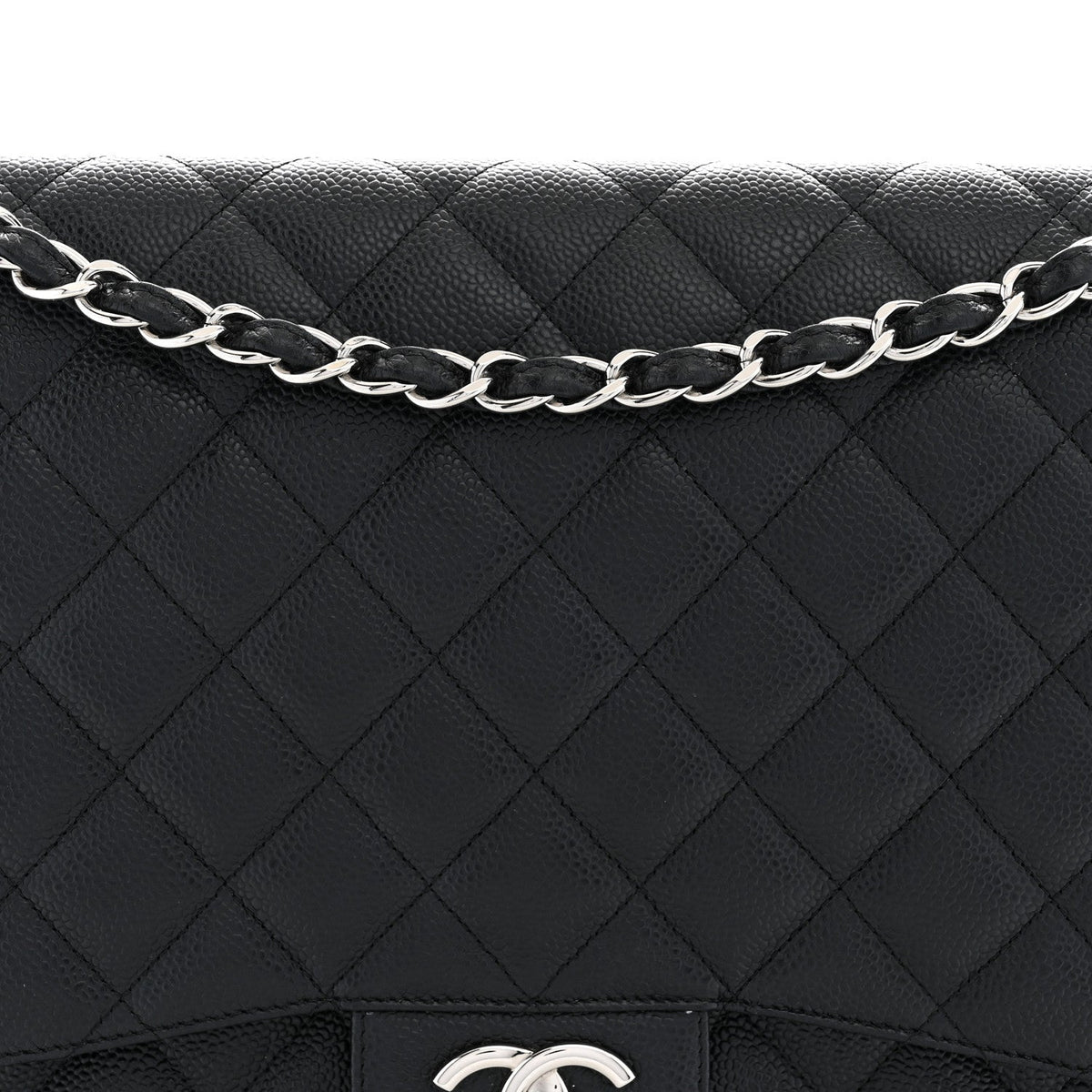 Maxi Quilted Caviar Flap Shoulder Bag - Black