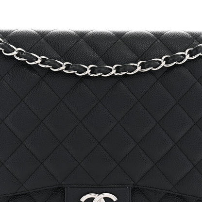 Maxi Quilted Caviar Flap Shoulder Bag - Black