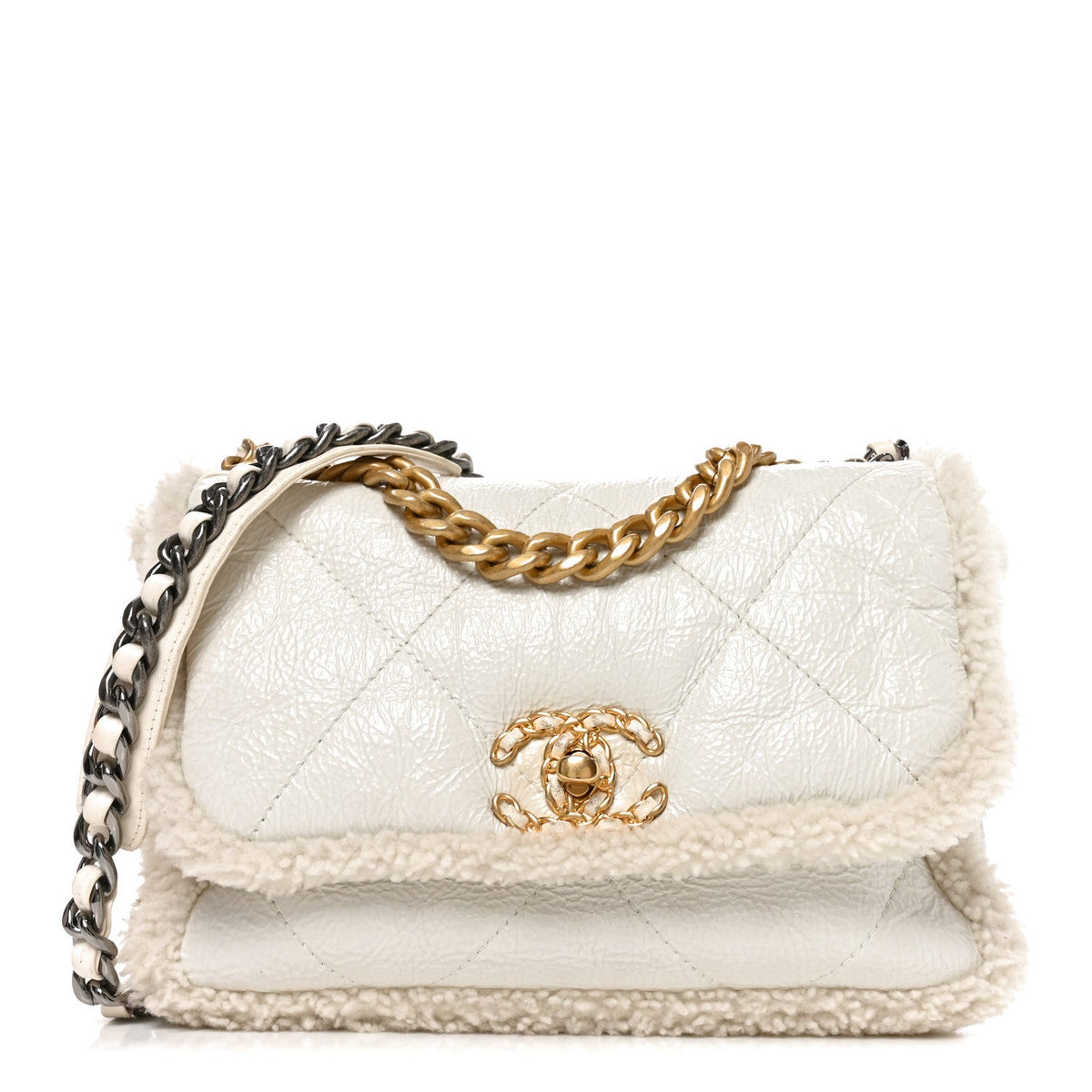 Medium Calfskin Shearling Flap Shoulder Bag - White