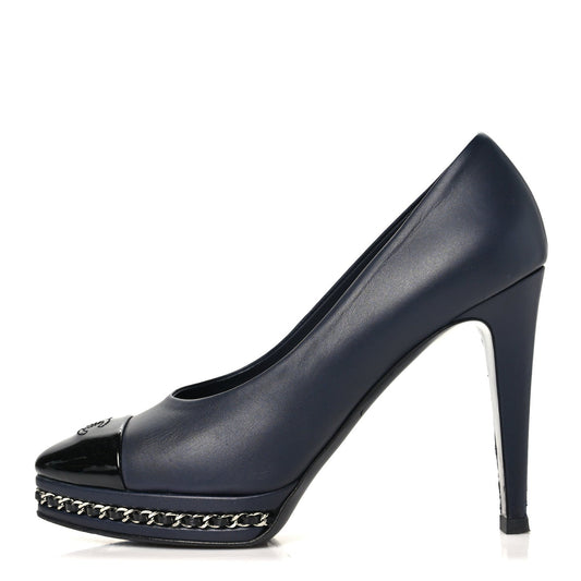 Calfskin Patent CC Cap Toe Platform Chain Pumps Navy Black