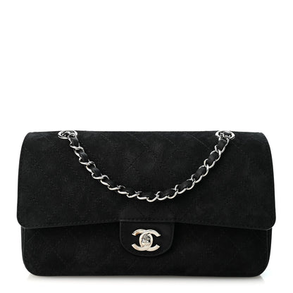 Medium Quilted Suede Flap Shoulder Bag - Black