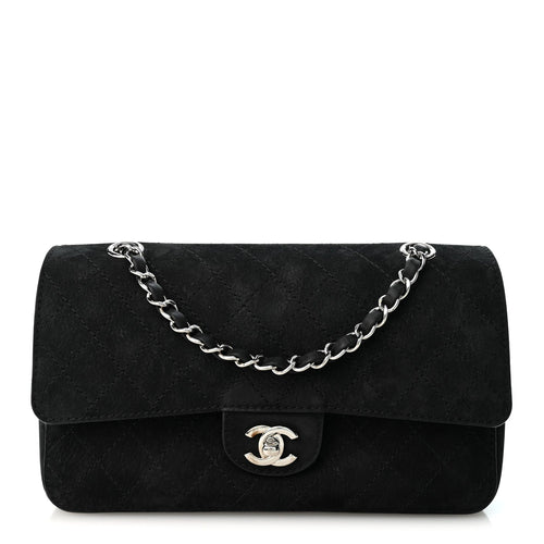 Medium Quilted Suede Flap Shoulder Bag - Black