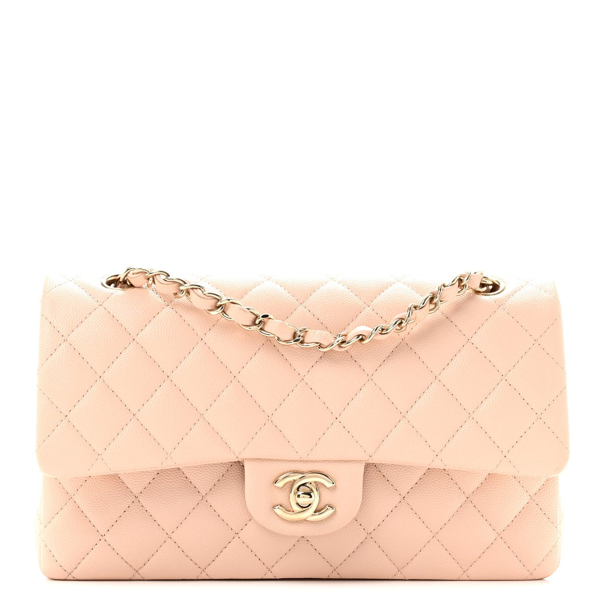 Medium Quilted Caviar Flap Shoulder Bag - Beige