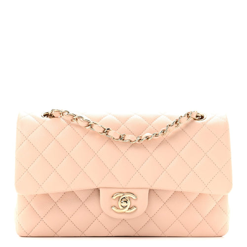 Medium Quilted Caviar Flap Shoulder Bag - Beige