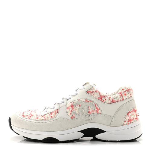 Tweed Suede Calfskin CC Sneakers Ecru Pink Red White