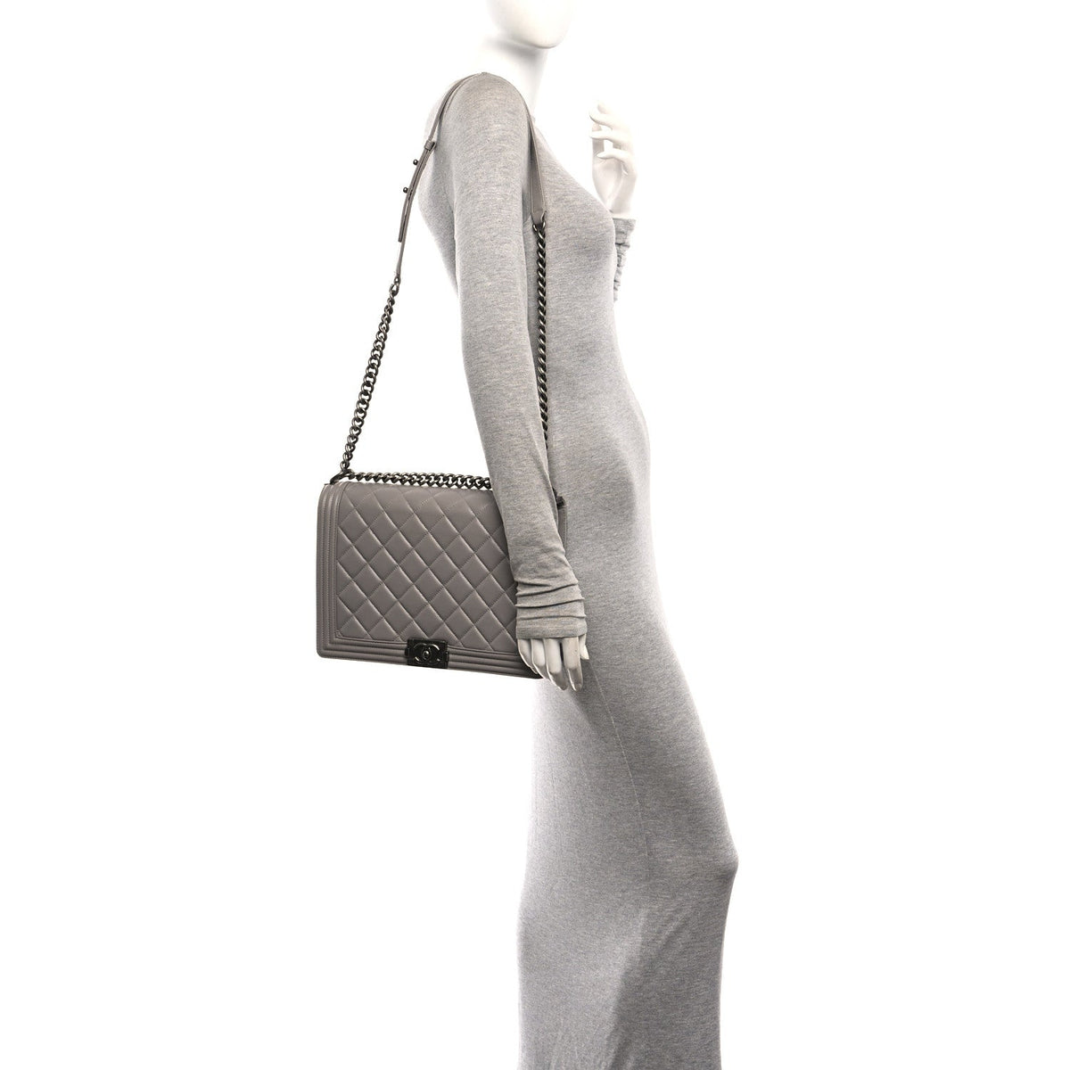 Large Quilted Lambskin Flap Shoulder Bag - Grey