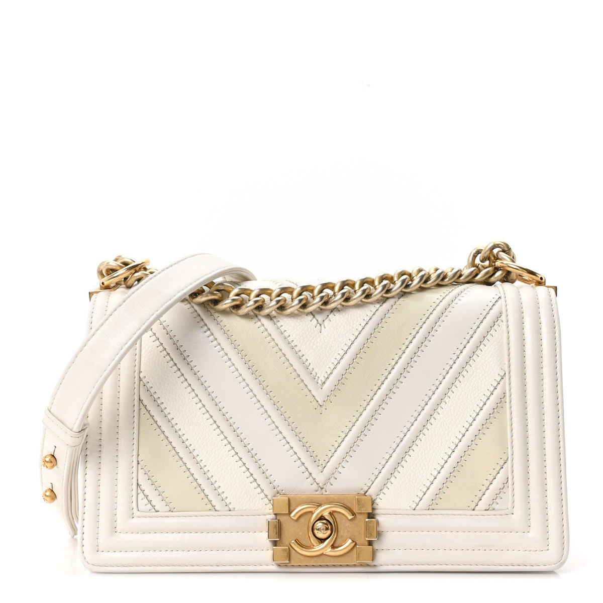 Medium Calfskin Caviar Flap Shoulder Bag - White