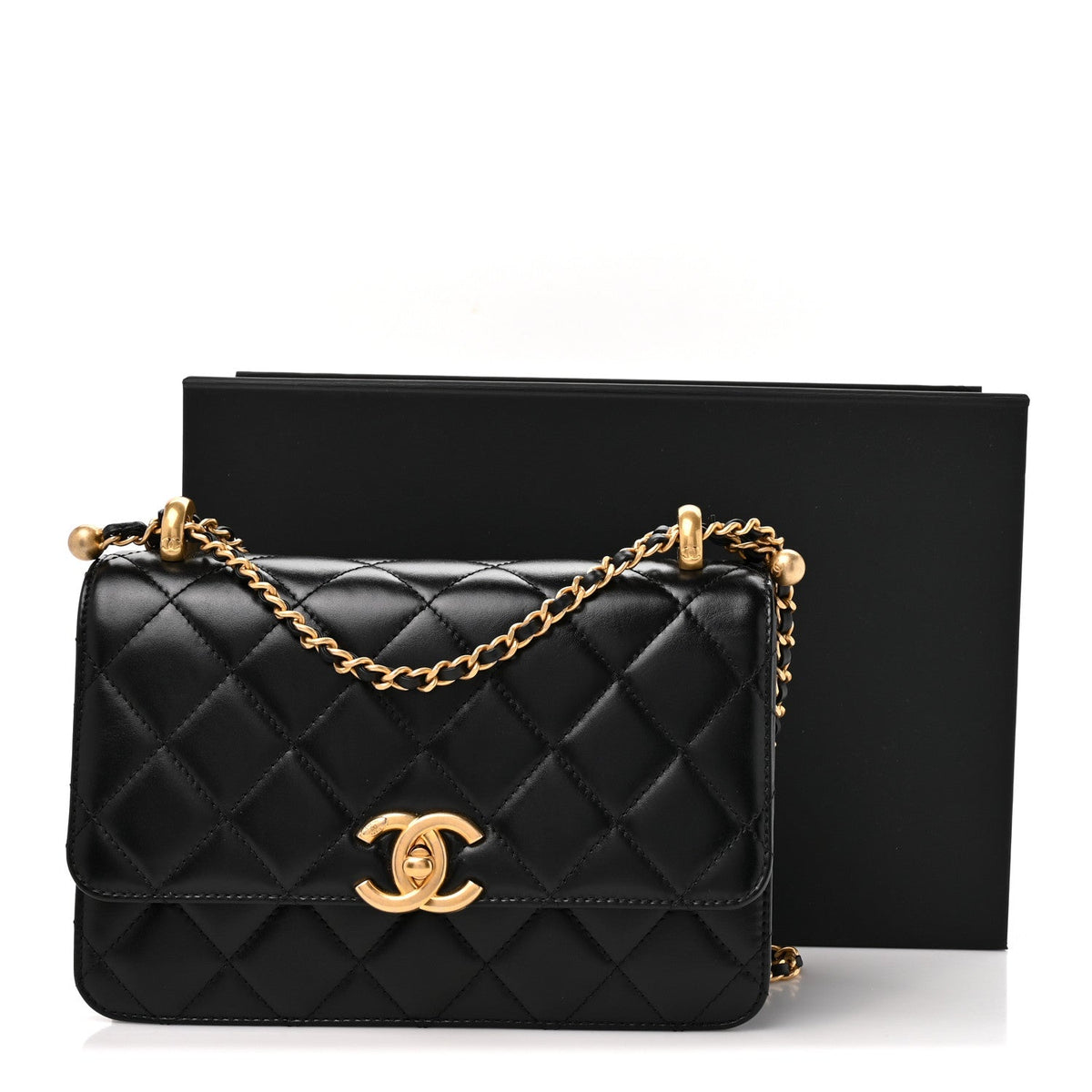 Quilted Calfskin Flap Shoulder Bag - Black