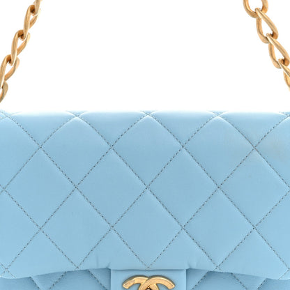 Quilted Lambskin Flap Shoulder Bag - Light Blue