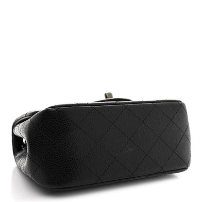 Mini Quilted Caviar Flap Shoulder Bag - Black