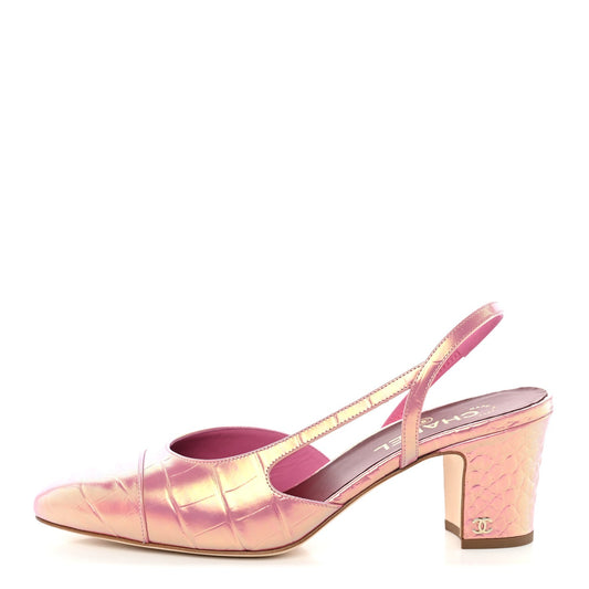 Iridescent Crocodile Embossed CC Cap Toe CC Slingback Pumps Pink