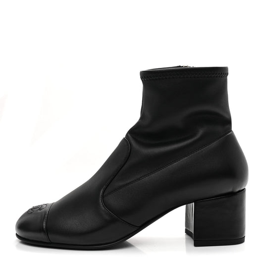 Stretch Lambskin Cap Toe CC Short Boots Black