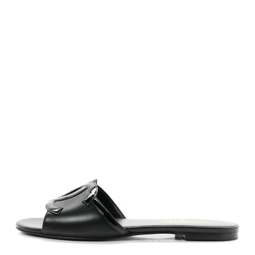 Lambskin Patent Calfskin CC Cutout Mules Black