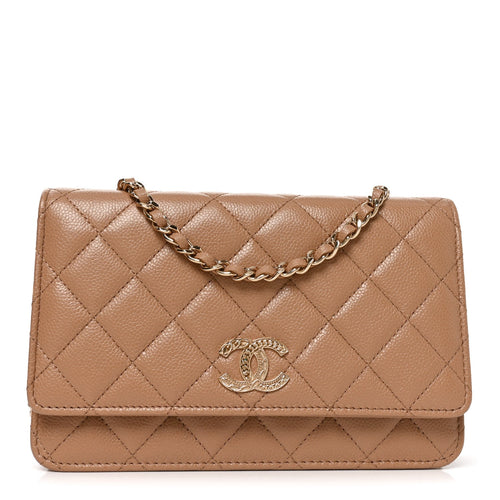 Quilted Caviar Wallet Bag - Beige
