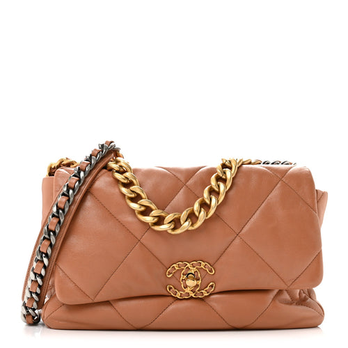 Large Quilted Lambskin Flap Shoulder Bag - Brown